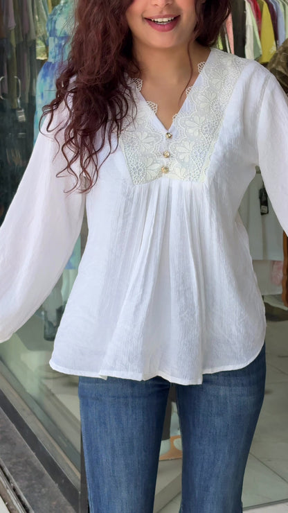 Elegant Lace Panel Cotton Top